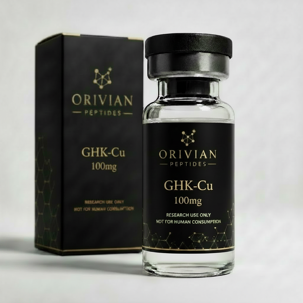GHK-Cu 100mg research peptide vial and box, Orivian Peptides, research use only