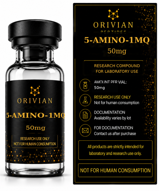 5-Amino-1MQ 50mg Orivian Peptides research-use information graphic with realistic curved vial label and rectangular information panel