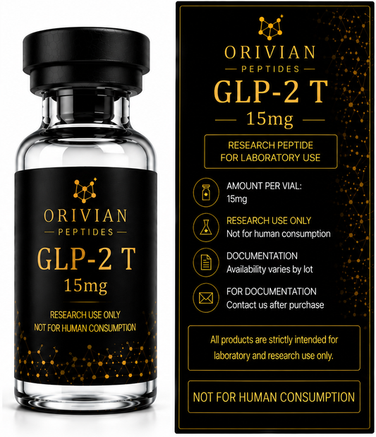 GLP-2 T 15mg Orivian Peptides research-use information graphic with realistic curved vial label and rectangular information panel