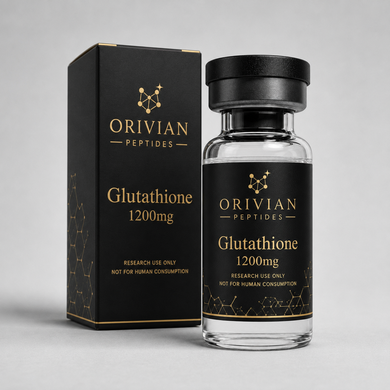 Glutathione 1200mg research vial with Orivian Peptides branding