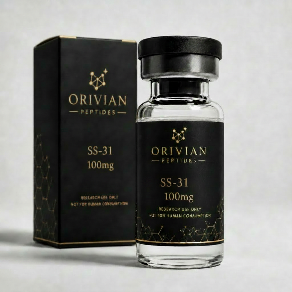 SS-31 100mg research peptide vial and box, Orivian Peptides, research use only