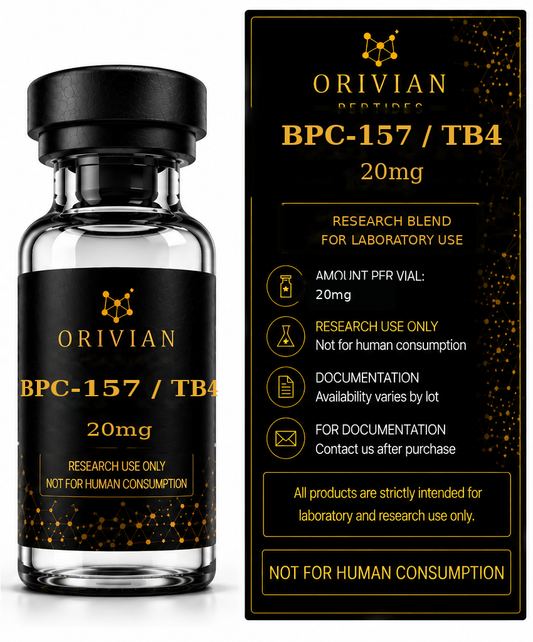 BPC-157 / TB4 Blend 20mg Orivian Peptides research-use information graphic with realistic curved vial label and rectangular information panel