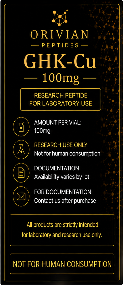 GHK-Cu 100mg Orivian Peptides research-use information graphic with realistic curved vial label