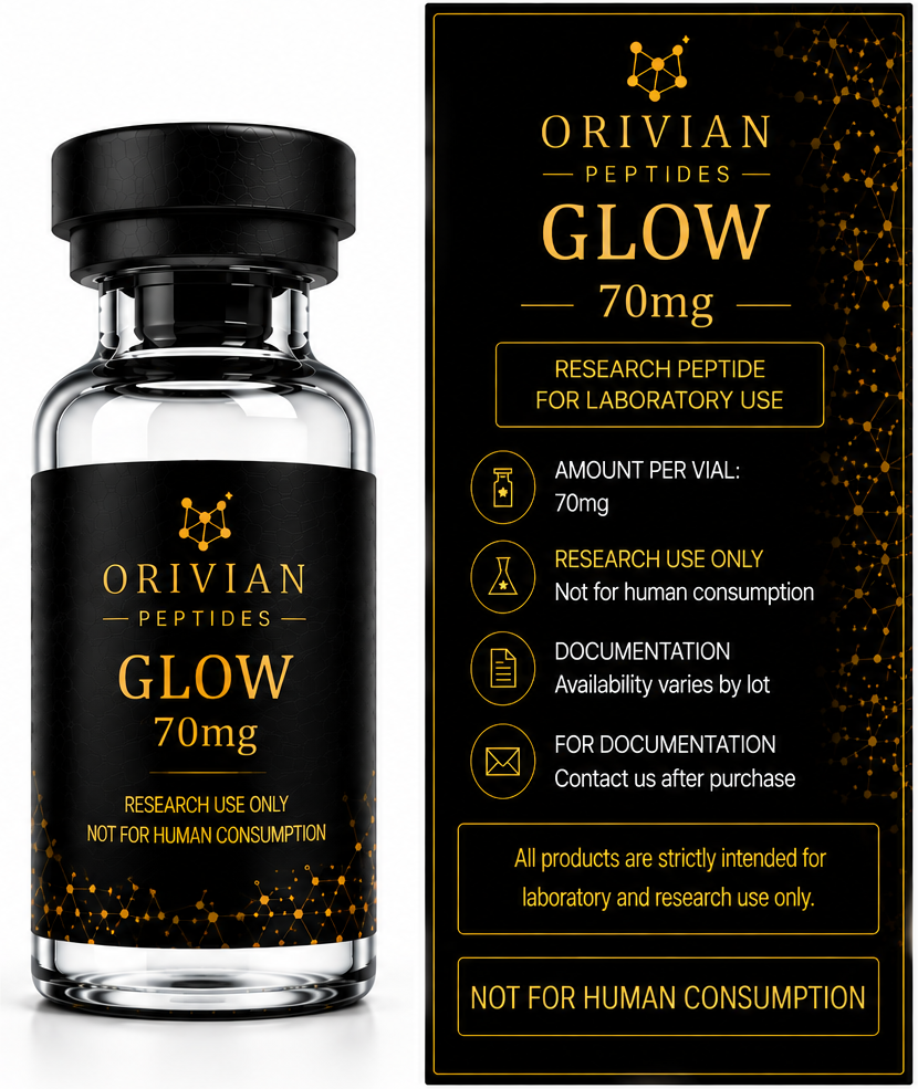 Glow 70mg Orivian Peptides research-use information graphic with realistic curved vial label