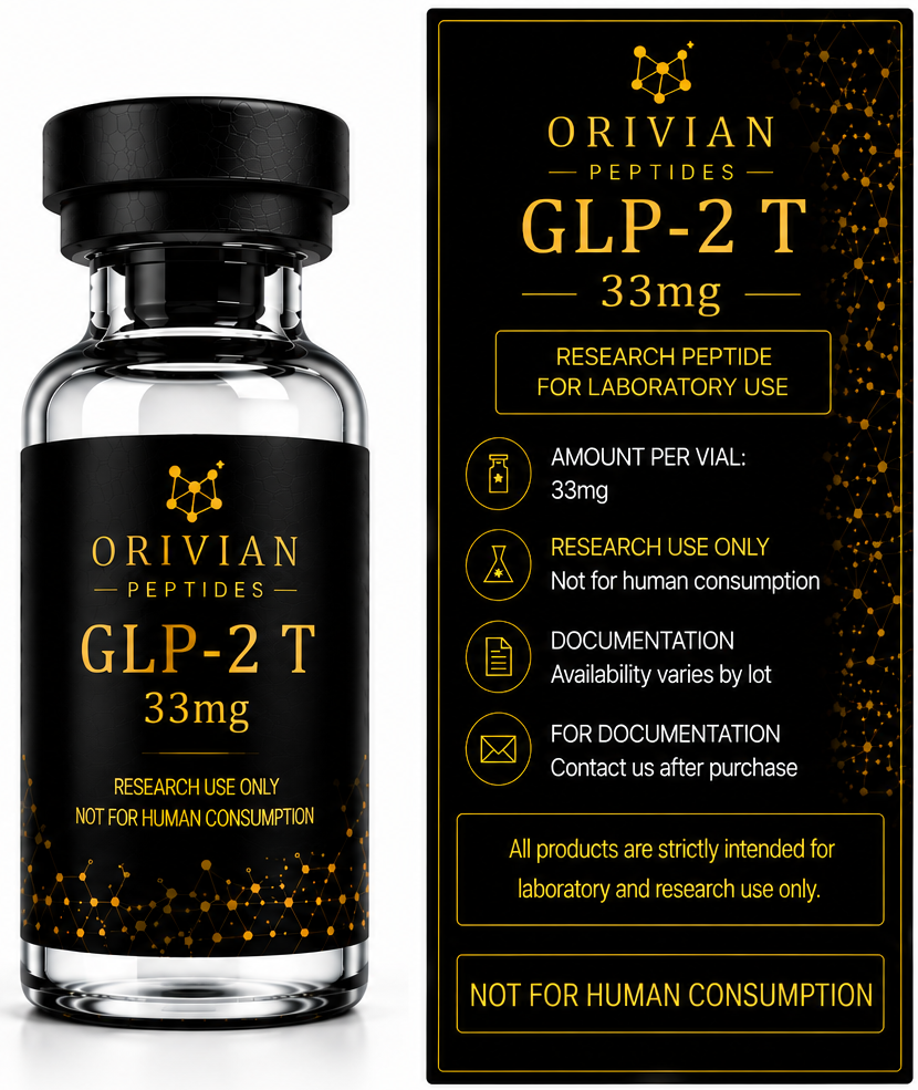 GLP-2 T 33mg Orivian Peptides research-use information graphic with realistic curved vial label and rectangular information panel