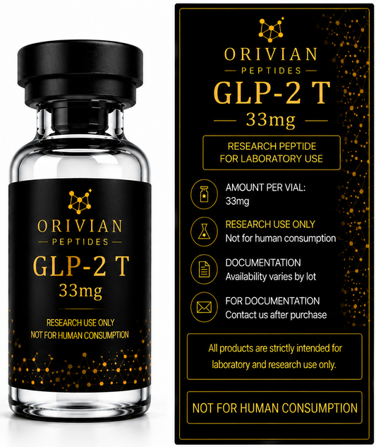 GLP-2 T 33mg Orivian Peptides research-use information graphic with realistic curved vial label and rectangular information panel