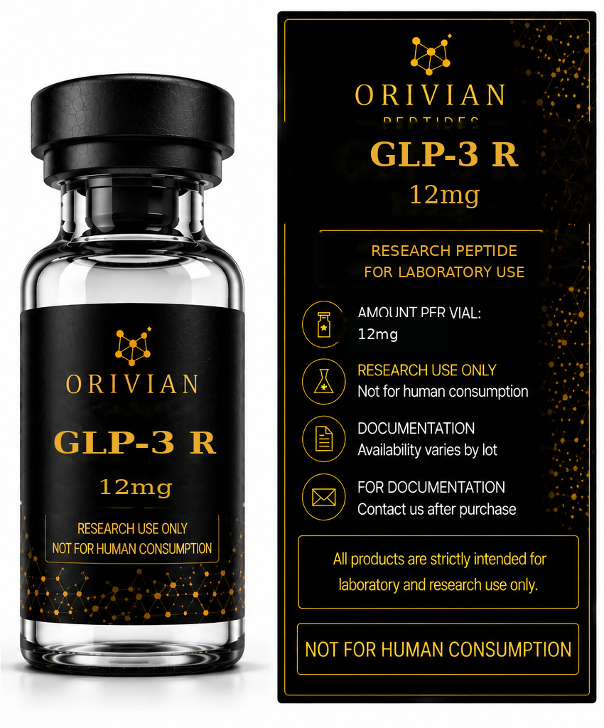GLP-3 R 12mg Orivian Peptides research-use information graphic with realistic curved vial label and rectangular information panel