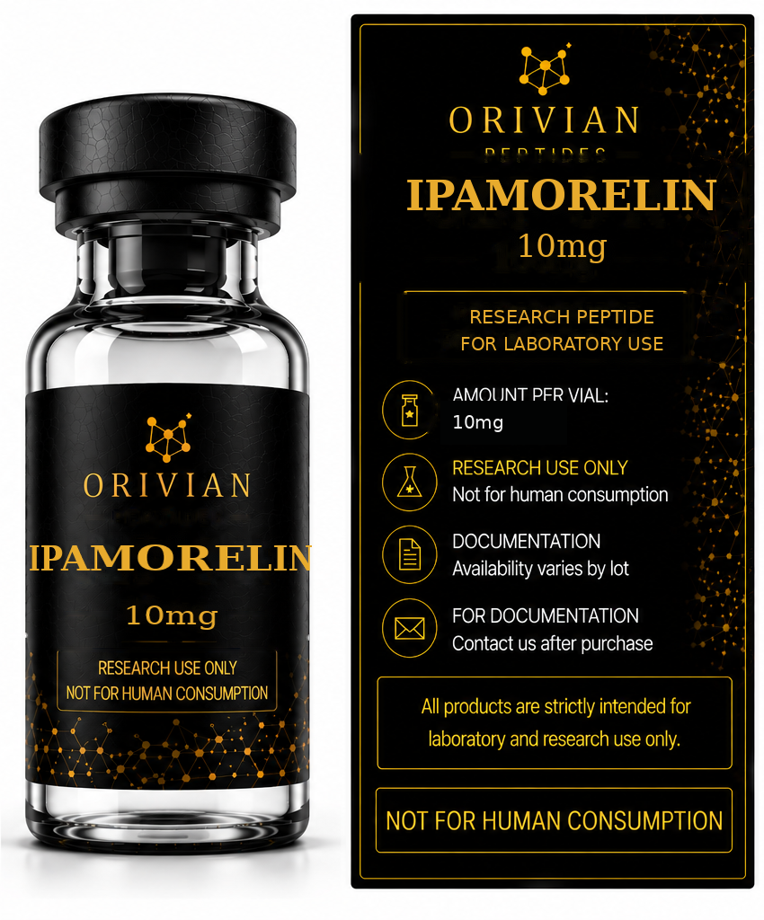 Ipamorelin 10mg Orivian Peptides research-use information graphic with realistic curved vial label and rectangular information panel