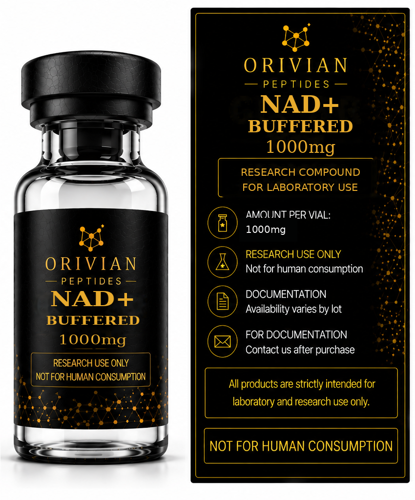 NAD+ Buffered 1000mg Orivian Peptides research-use information graphic with realistic curved vial label and rectangular information panel
