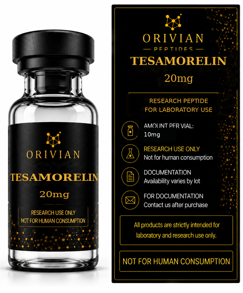 Tesamorelin 20mg Orivian Peptides research-use information graphic with realistic curved vial label and rectangular information panel
